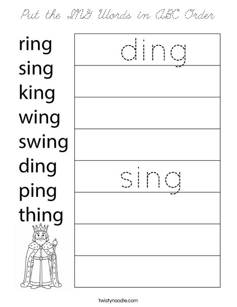 Put the ING Words in ABC Order Coloring Page