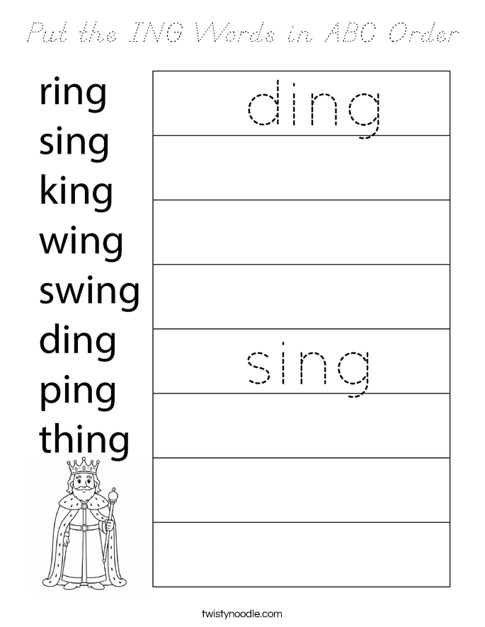 Put the ING Words in ABC Order Coloring Page