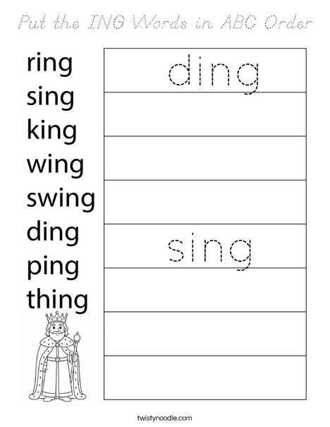 Put the ING Words in ABC Order Coloring Page