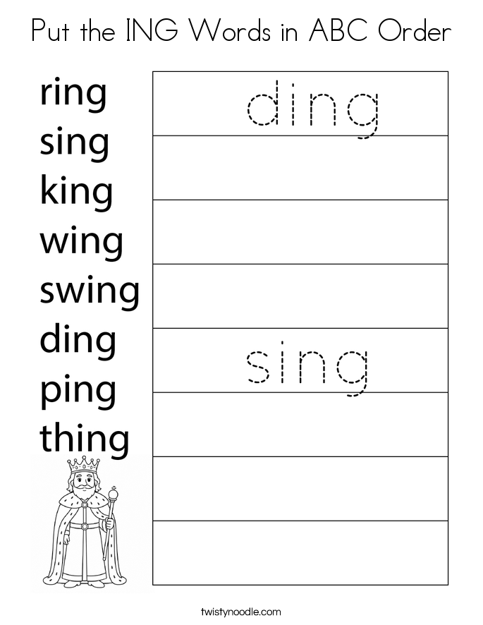 Put the ING Words in ABC Order Coloring Page