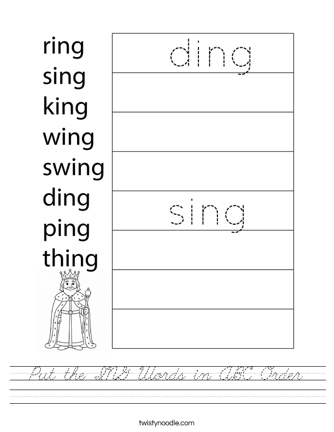Put the ING Words in ABC Order Worksheet