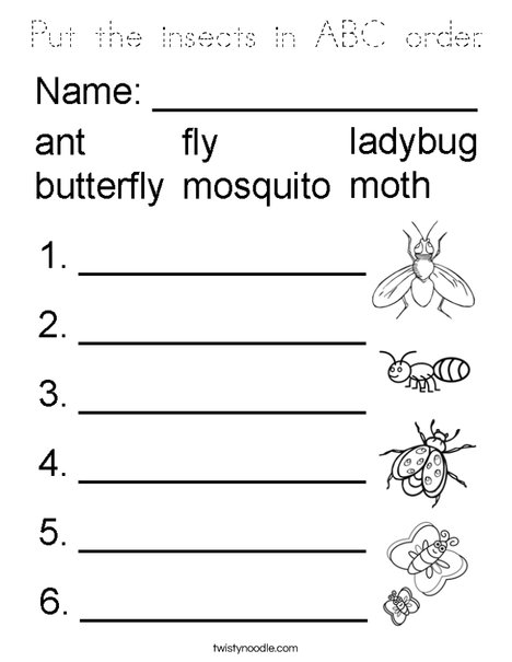 Put the insects in ABC order. Coloring Page
