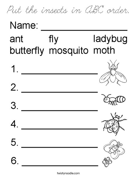 Put the insects in ABC order. Coloring Page