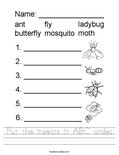 Put the insects in ABC order. Worksheet
