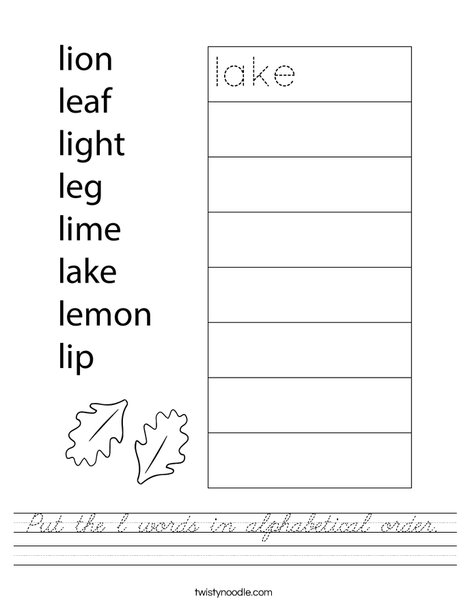 Put the l words in alphabetical order. Worksheet