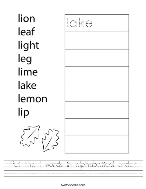 Put the l words in alphabetical order. Worksheet