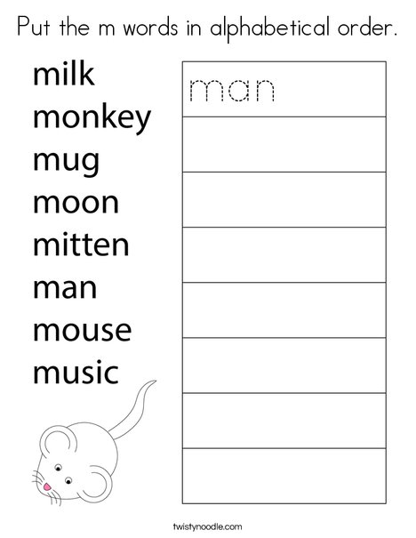 Put the m words in alphabetical order. Coloring Page