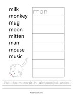 Put the m words in alphabetical order Handwriting Sheet