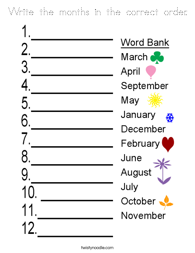 Write the months in the correct order. Coloring Page