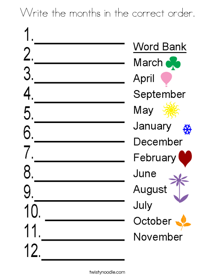 Write the months in the correct order. Coloring Page