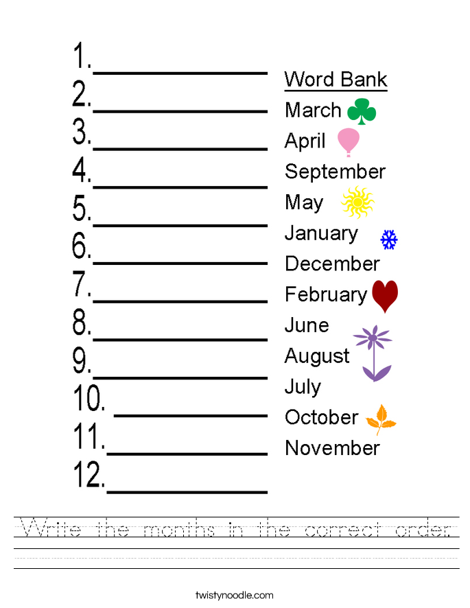 write the months in the correct order worksheet twisty noodle
