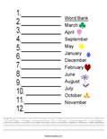 Write the months in the correct order. Worksheet