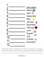 Write the months in the correct order Handwriting Sheet