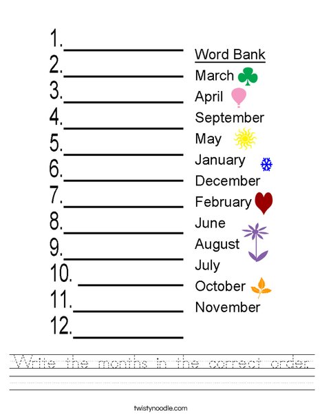write the months in the correct order worksheet twisty noodle