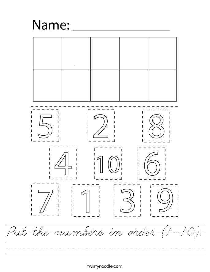 Put the numbers in order (1-10) Worksheet - Cursive - Twisty Noodle
