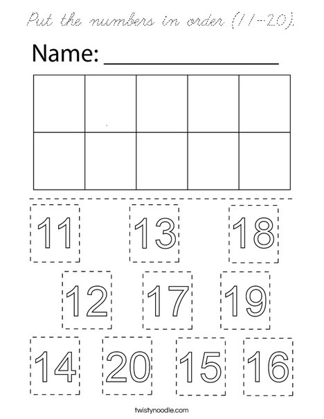 Put the numbers in order (11-20). Coloring Page