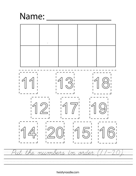 put the numbers in order 11 20 worksheet cursive