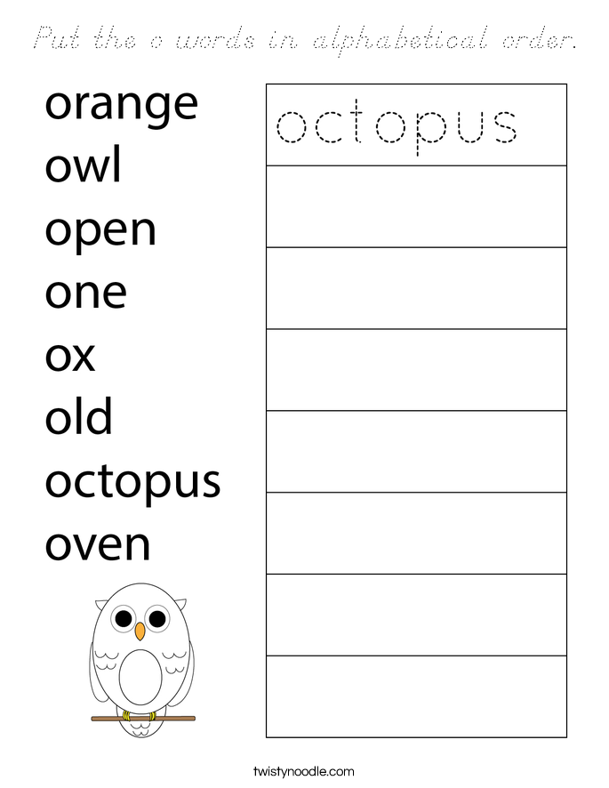 Put the o words in alphabetical order. Coloring Page