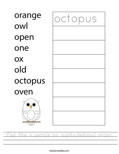 Put the o words in alphabetical order. Worksheet