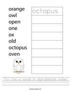 Put the o words in alphabetical order Handwriting Sheet