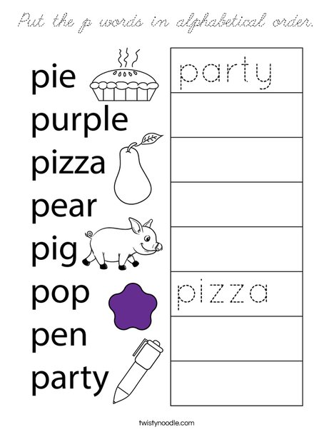 Put the p words in alphabetical order. Coloring Page