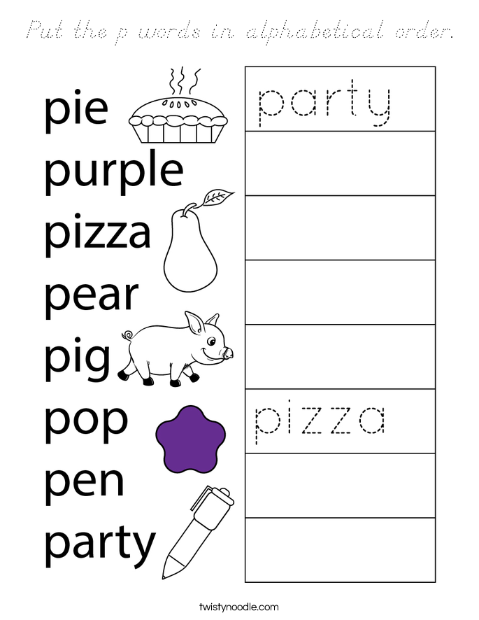 Put the p words in alphabetical order. Coloring Page