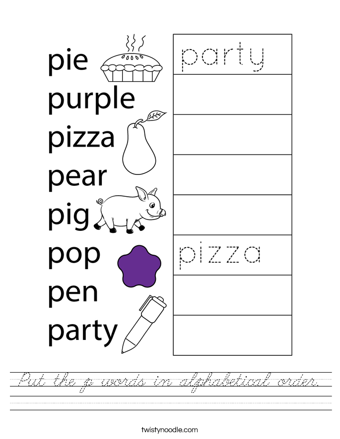 Put the p words in alphabetical order. Worksheet