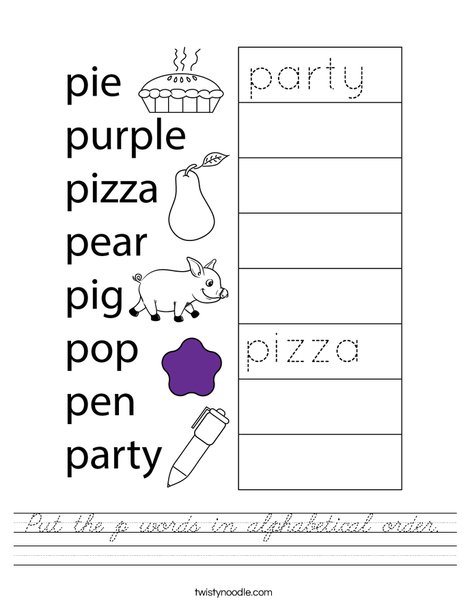 Put the p words in alphabetical order. Worksheet