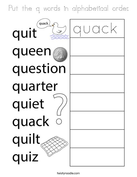 Put the q words in alphabetical order. Coloring Page