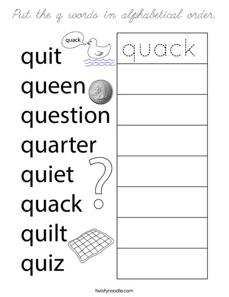 Put the q words in alphabetical order. Coloring Page