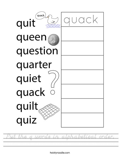 Put the q words in alphabetical order. Worksheet