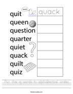 Put the q words in alphabetical order Handwriting Sheet