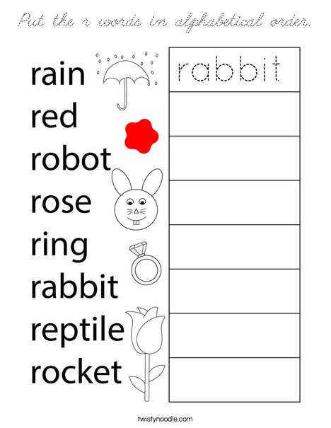 Put the r words in alphabetical order. Coloring Page