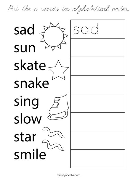 Put the s words in alphabetical order. Coloring Page