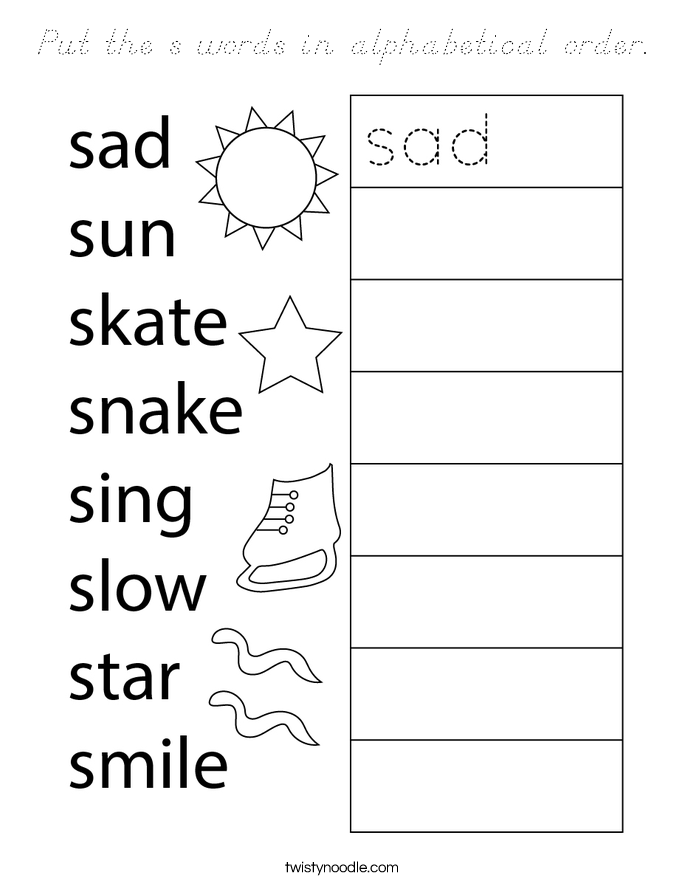 Put the s words in alphabetical order. Coloring Page