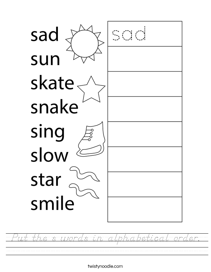 Put the s words in alphabetical order. Worksheet