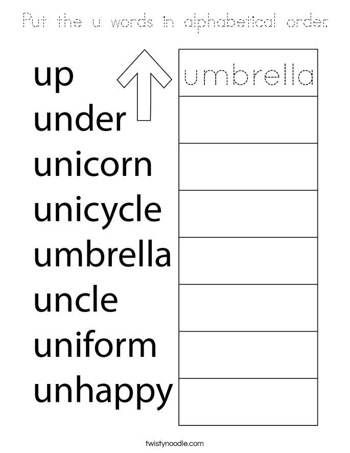 Put the u words in alphabetical order. Coloring Page