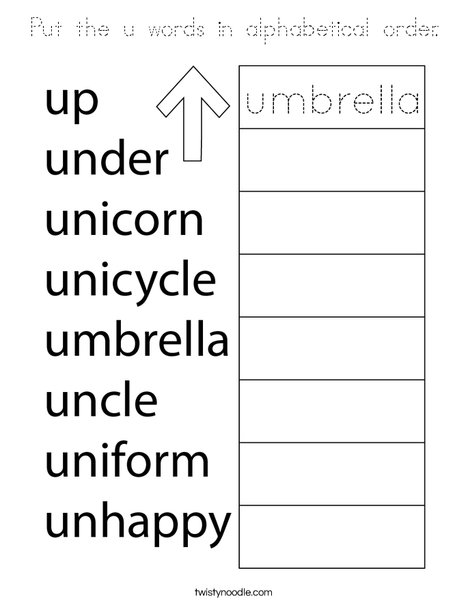 Put the u words in alphabetical order. Coloring Page