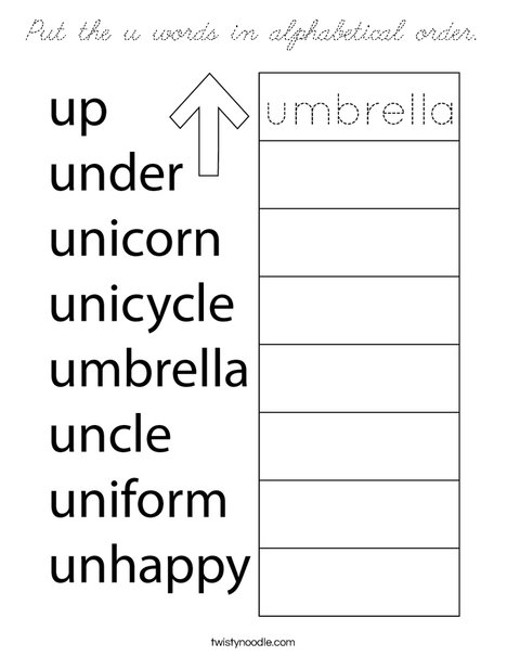 Put the u words in alphabetical order. Coloring Page