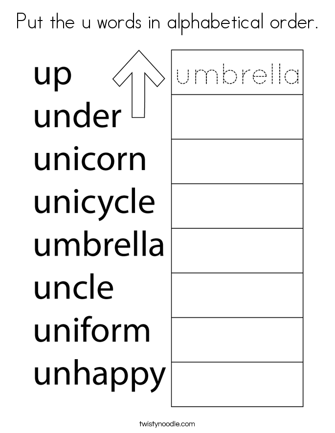 Put the u words in alphabetical order. Coloring Page