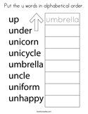 Put the u words in alphabetical order Coloring Page