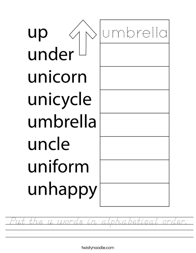 Put the u words in alphabetical order. Worksheet