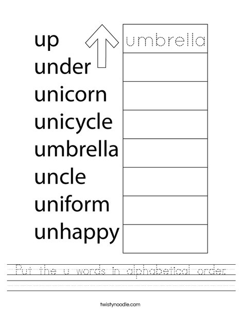 Put the u words in alphabetical order. Worksheet