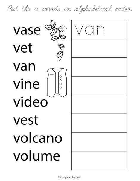 Put the v words in alphabetical order. Coloring Page
