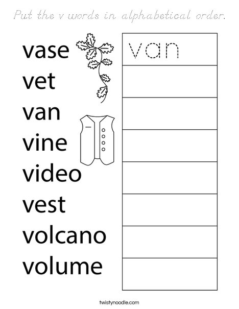 Put the v words in alphabetical order. Coloring Page
