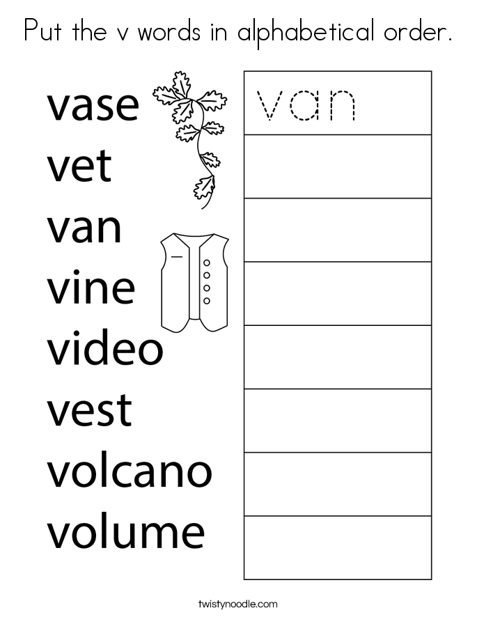 Put the v words in alphabetical order. Coloring Page