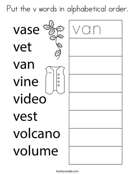 Put the v words in alphabetical order. Coloring Page