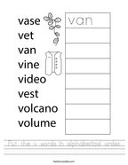 Put the v words in alphabetical order Handwriting Sheet