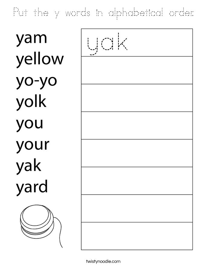 Put the y words in alphabetical order. Coloring Page