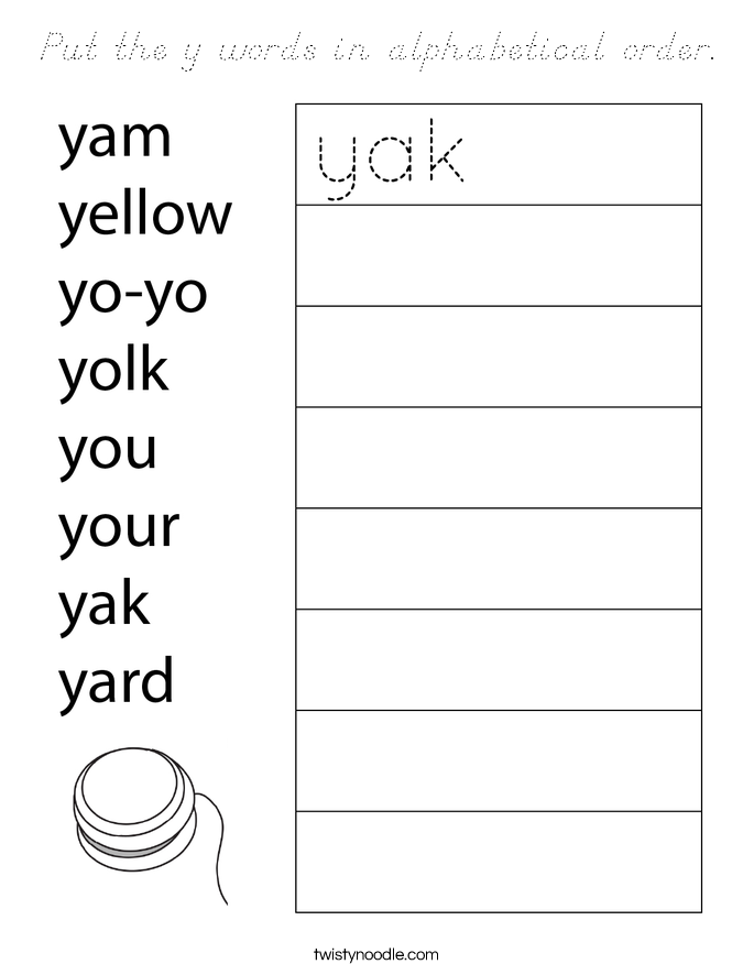Put the y words in alphabetical order. Coloring Page